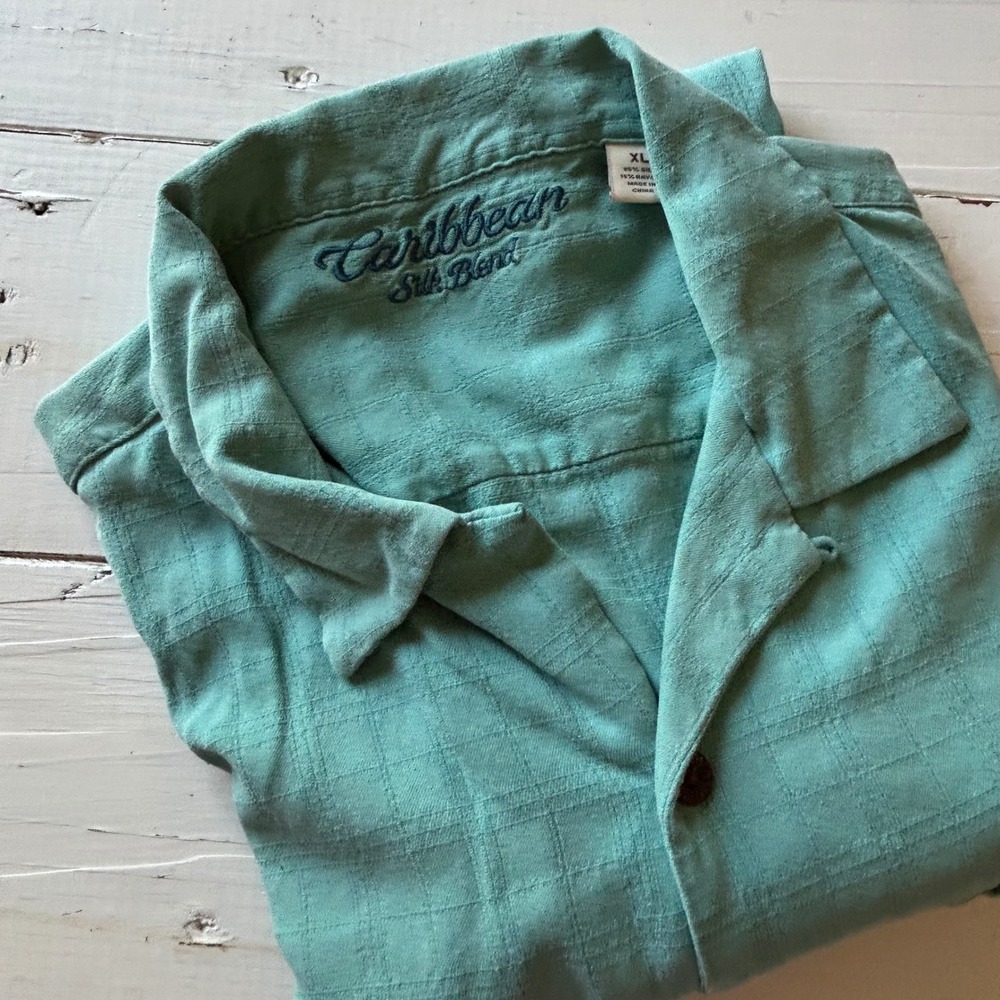 Caribbean Silk Blend Shirt Mens XL Seafoam Green Textured Short Sleeve Button Up